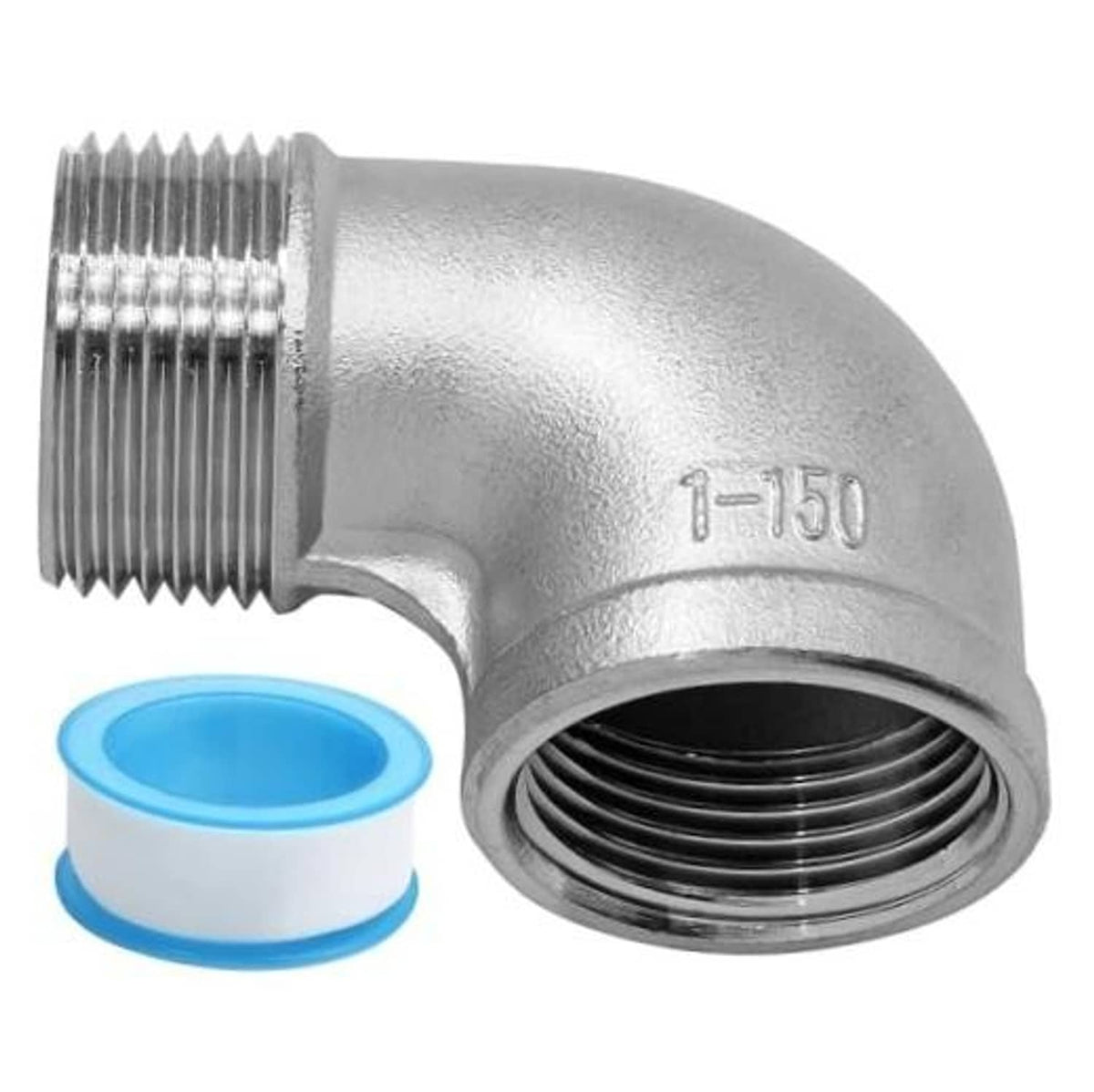 90-degree stainless steel elbow fitting with male and female NPT threads and gasket seal