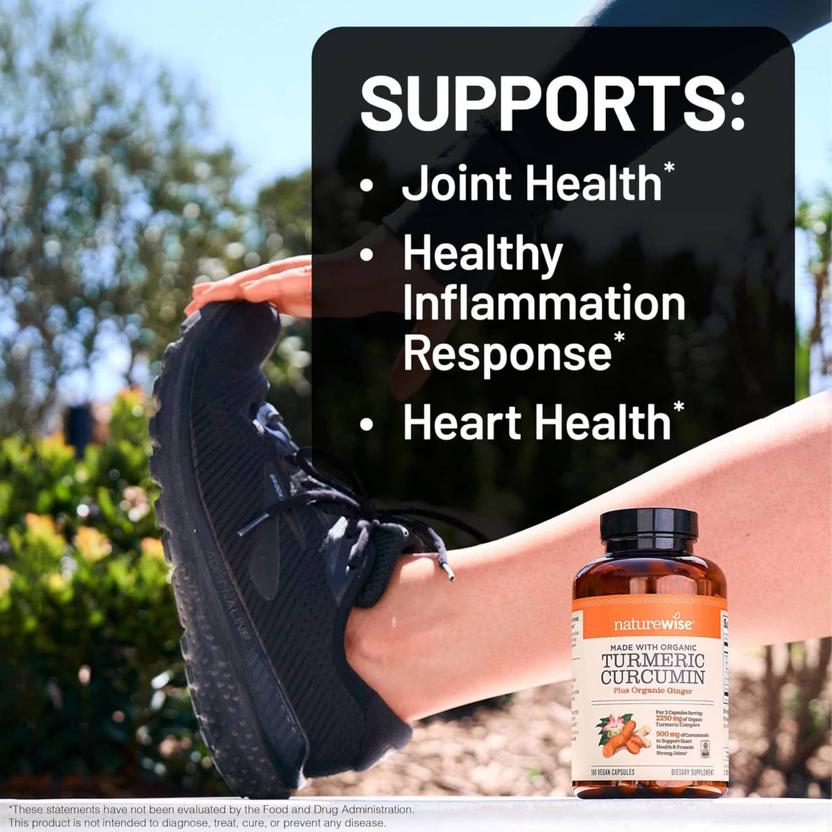 Turmeric curcumin supplement bottle with supports: joint health, inflammation response, heart health