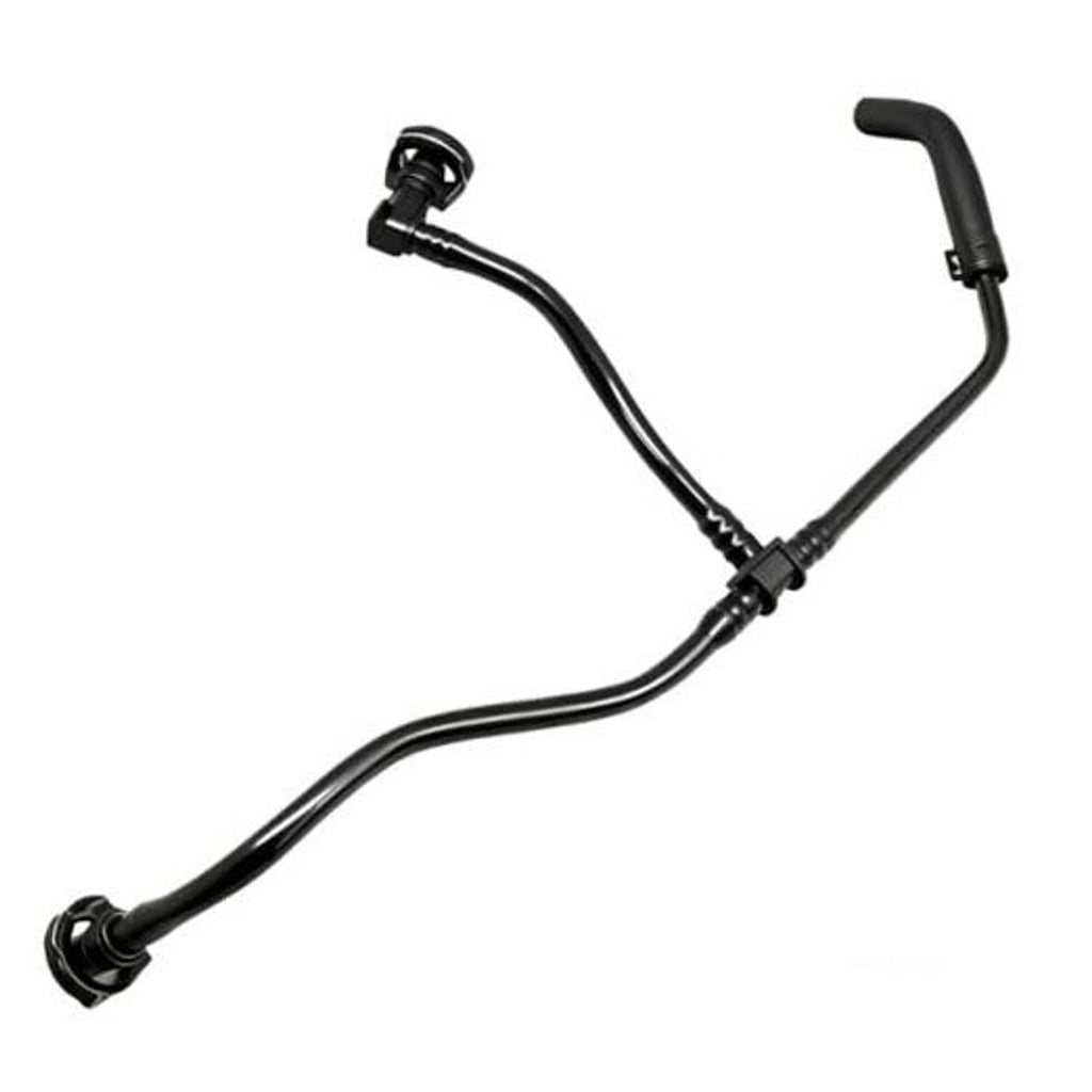Black radiator overflow cooling hose with molded connectors and clamp-style fittings