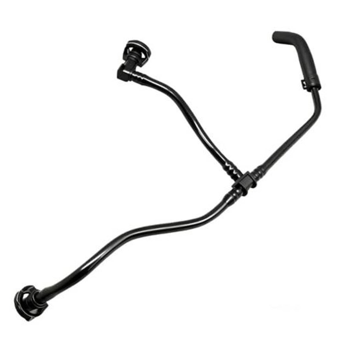 Black radiator overflow cooling hose with molded connectors and clamp-style fittings