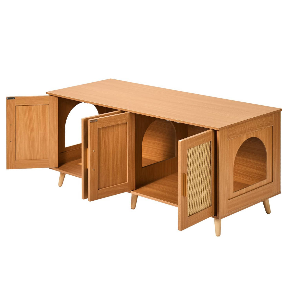 Wooden cat litter box enclosure with side access doors and cat entry holes