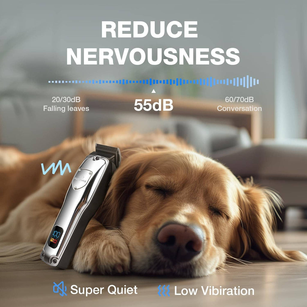 Cordless dog grooming clipper with digital display near resting dog, silver.