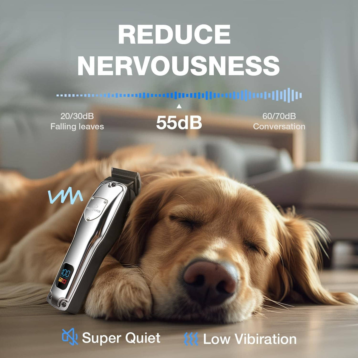 Cordless dog grooming clipper with digital display near resting dog, silver.
