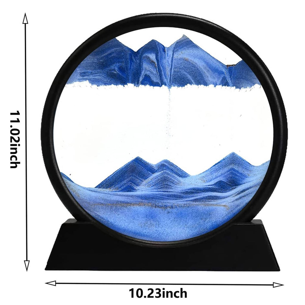 Dynamic sand art sphere with black frame and blue mountain waves on base