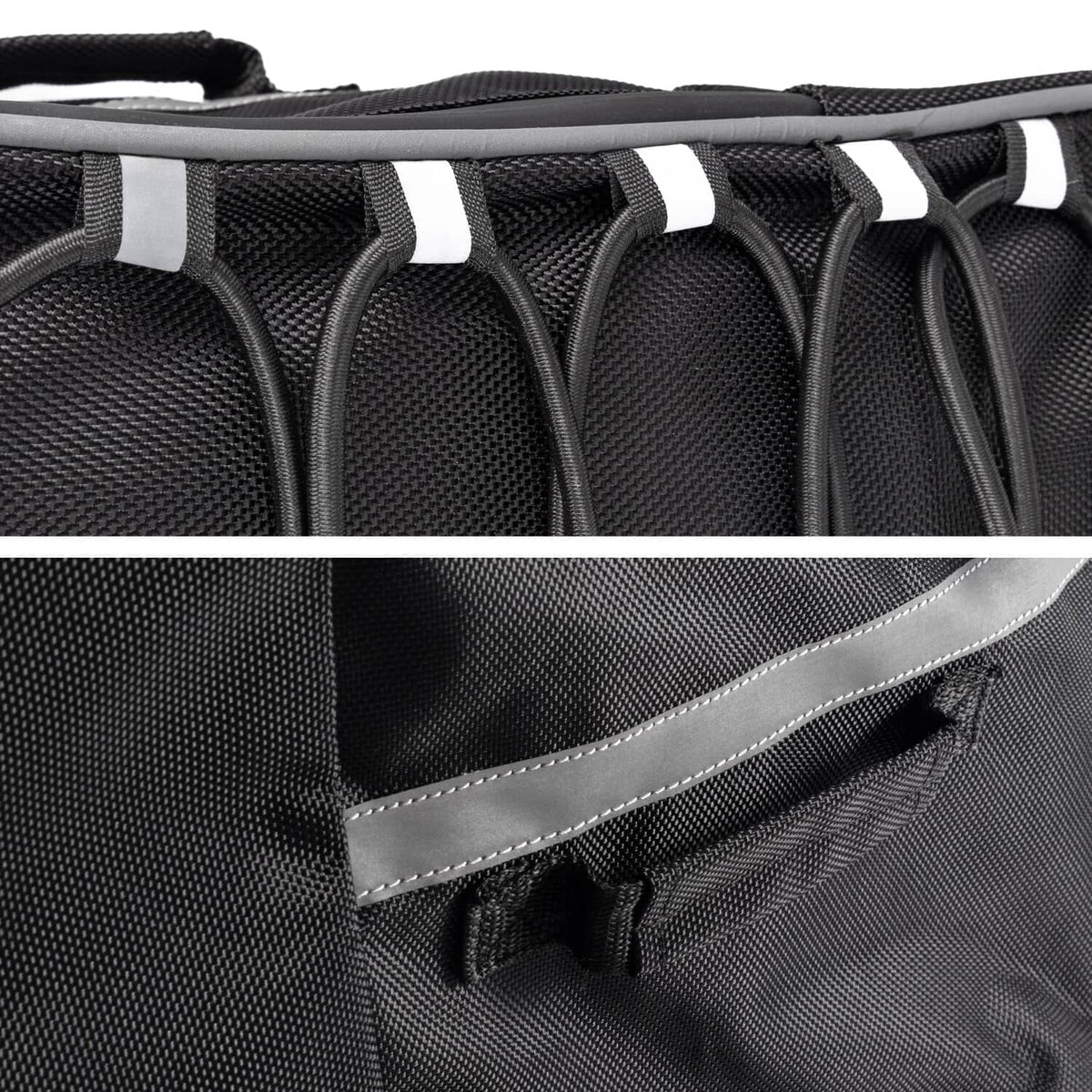 Close-up of black ATV rear rack bag mesh lining, stitching, and gray trim band