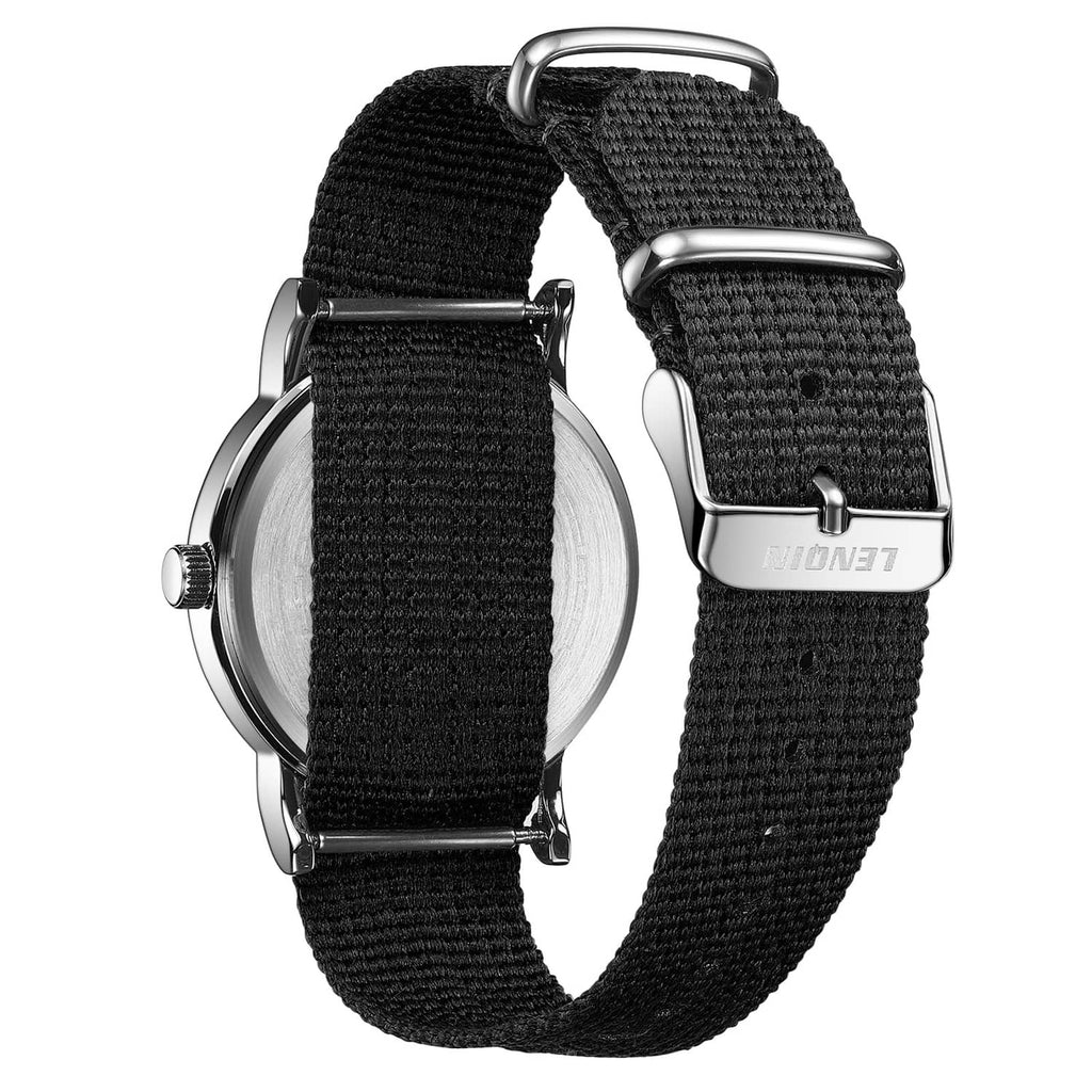 Men's black nylon strap analog watch showing silver buckle and side case profile