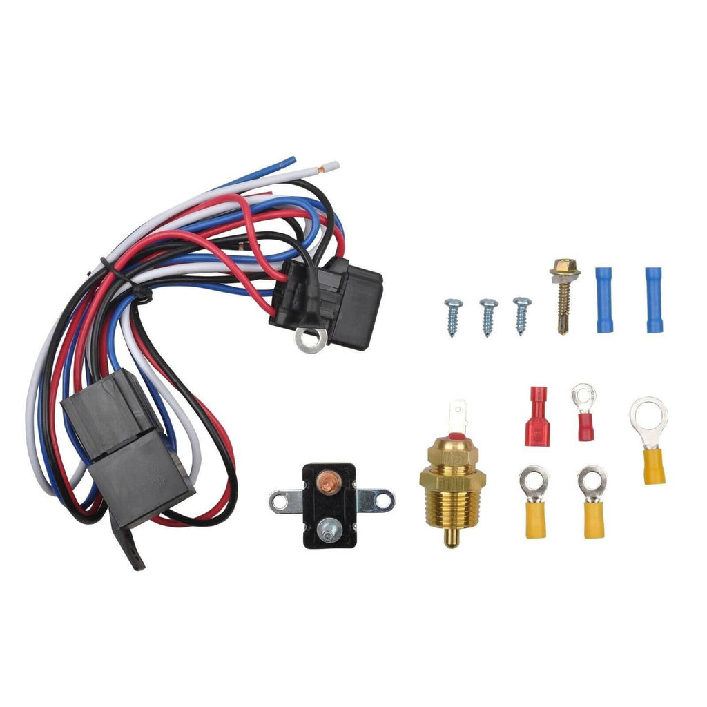 Fan relay wiring harness kit with relay, connectors, terminals, and mounting screws