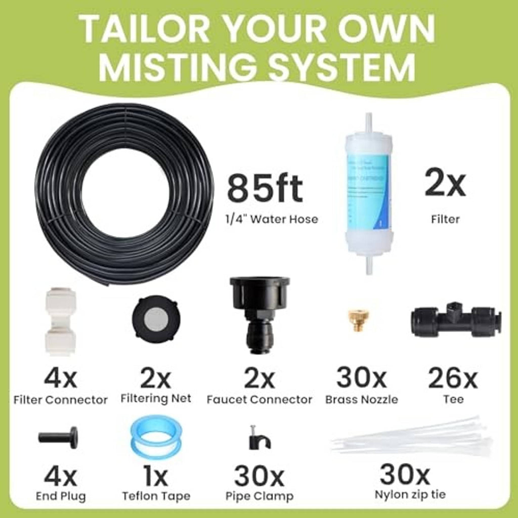 Coiled black 85-ft misting hose with filter cartridges, tee and brass nozzles