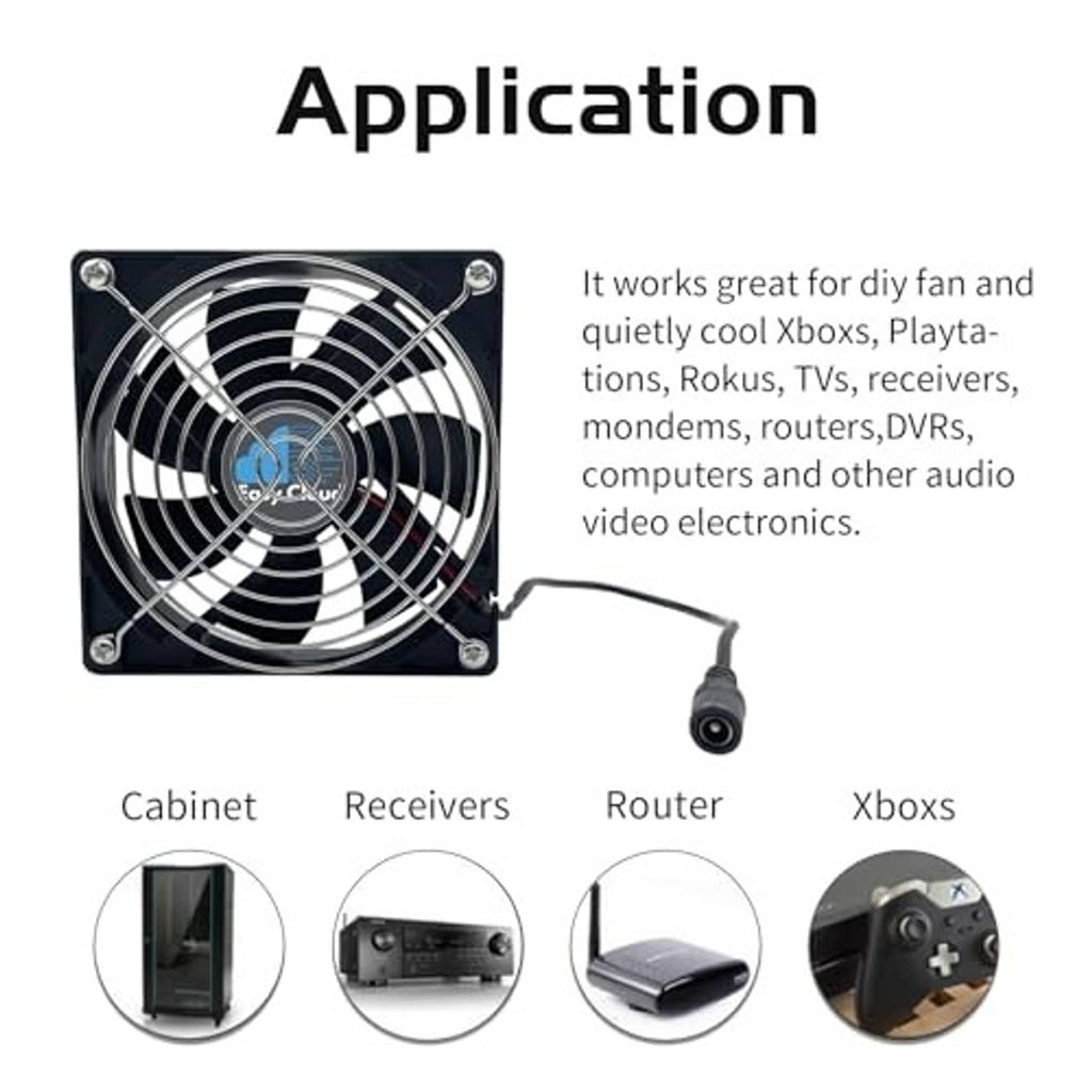 120mm computer fan with DC power cable and compatibility icons for devices