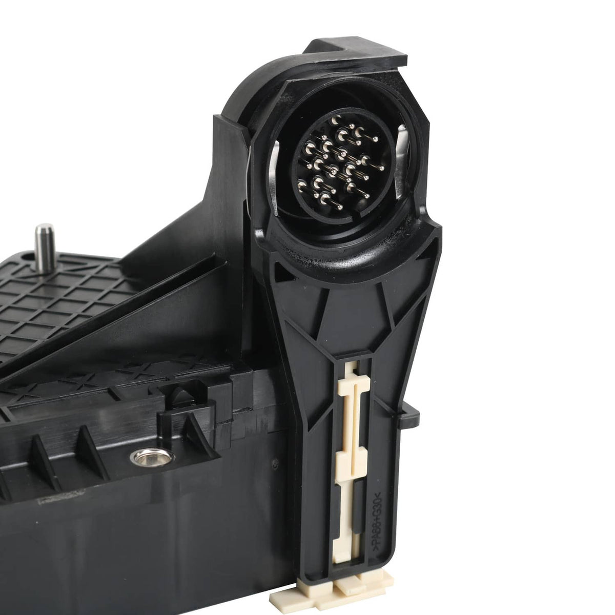 Black transmission lead frame connector with multi-pin socket and wiring terminals