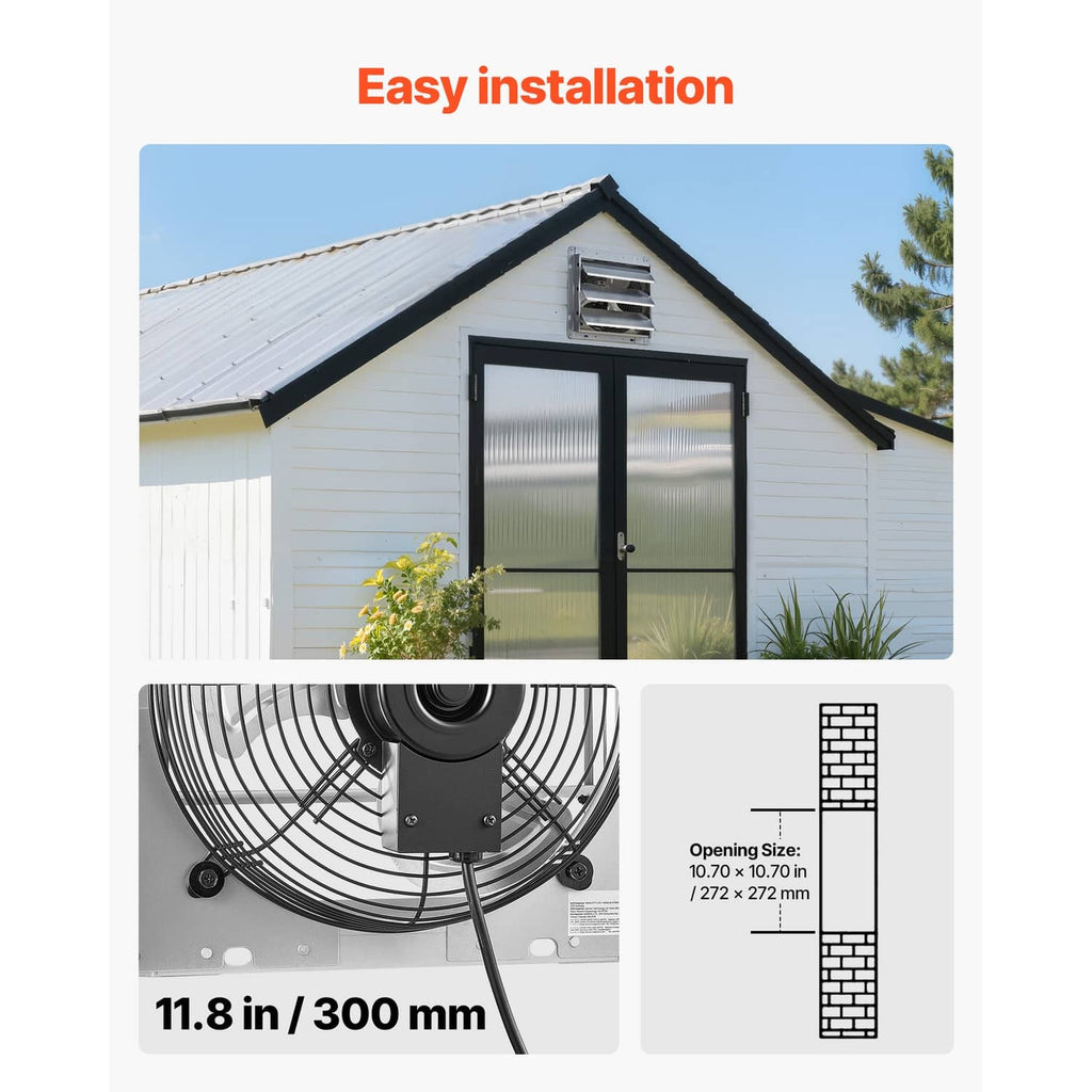 Wall-mounted exhaust fan on a house exterior with easy installation layout diagram