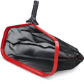 Red pool leaf skimmer net with black fine mesh bag and mounting bracket