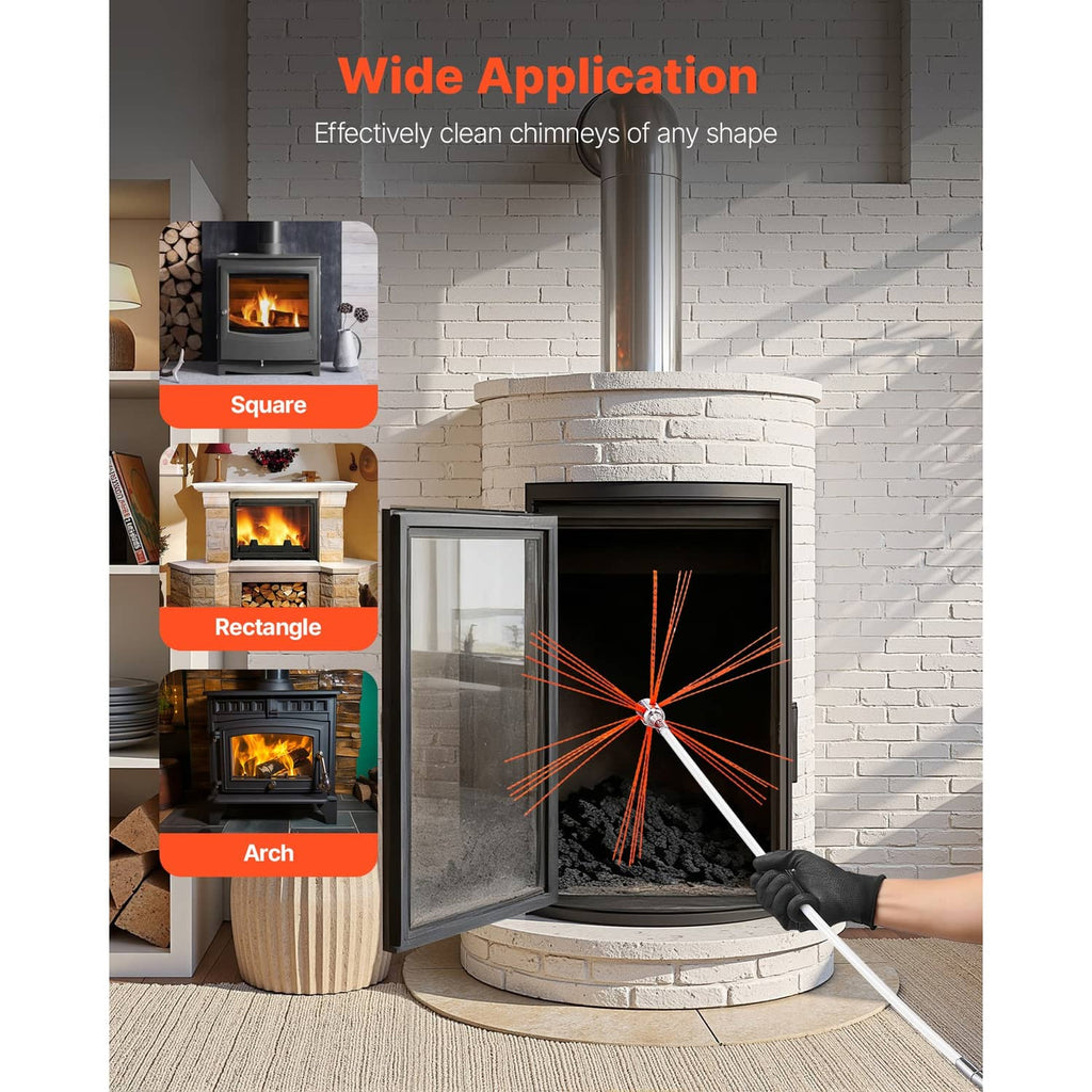 Chimney cleaning kit with brush head on flexible rod for cleaning fireplace flue