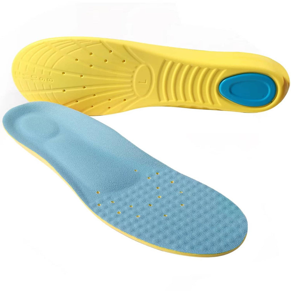 Yellow and blue gel cushion insole pair, contoured arch and dot ventilation holes