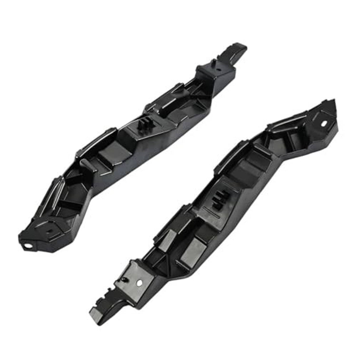 Front bumper cover support brackets, black plastic, angled view with mounting tabs