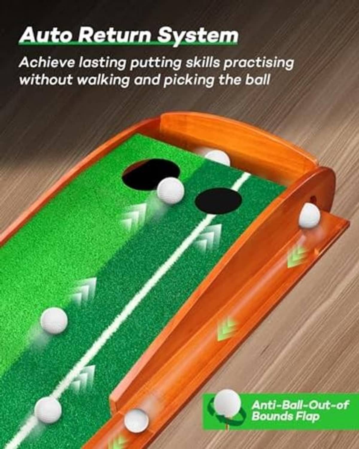 Golf putting mat top view: green turf, orange rails, auto return holes and rolling balls