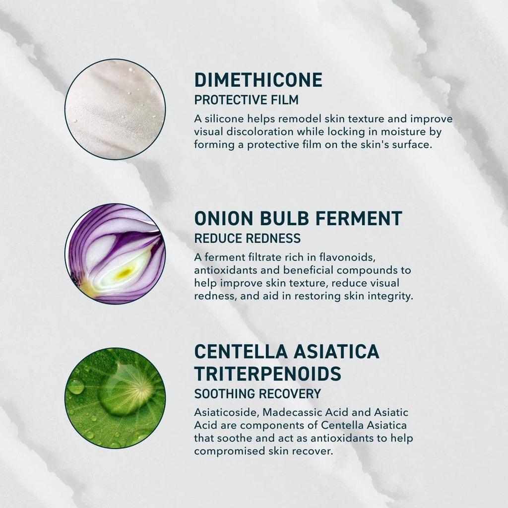 Silicone scar stick ingredient icons: dimethicone, onion bulb ferment, centella asiatica