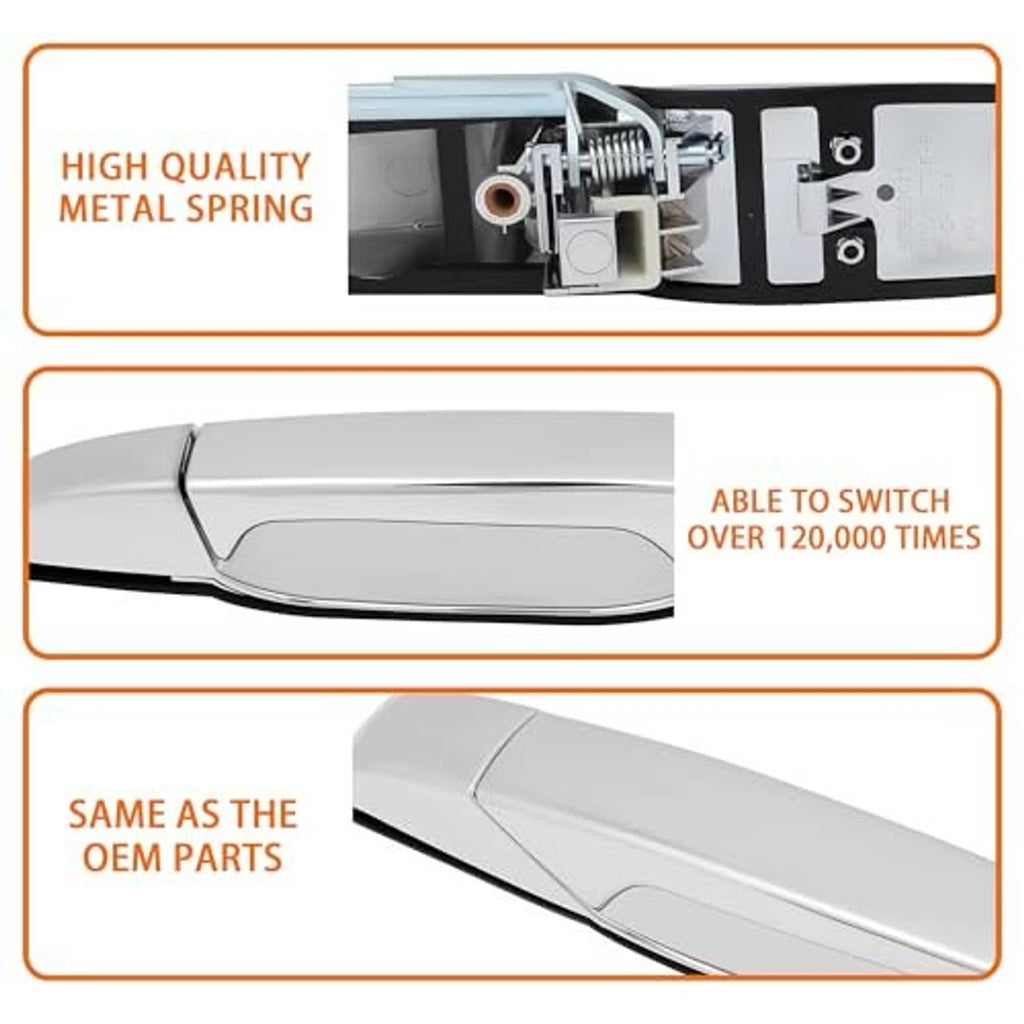 Exterior chrome door handle detail with internal spring and latch components.