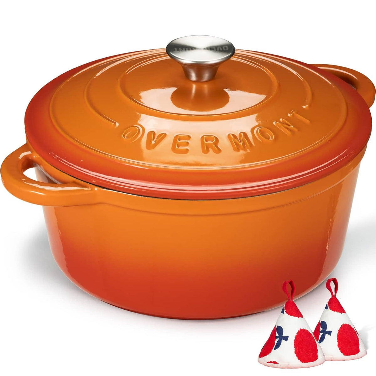 Orange enameled cast iron Dutch oven with domed lid, brand embossed on top