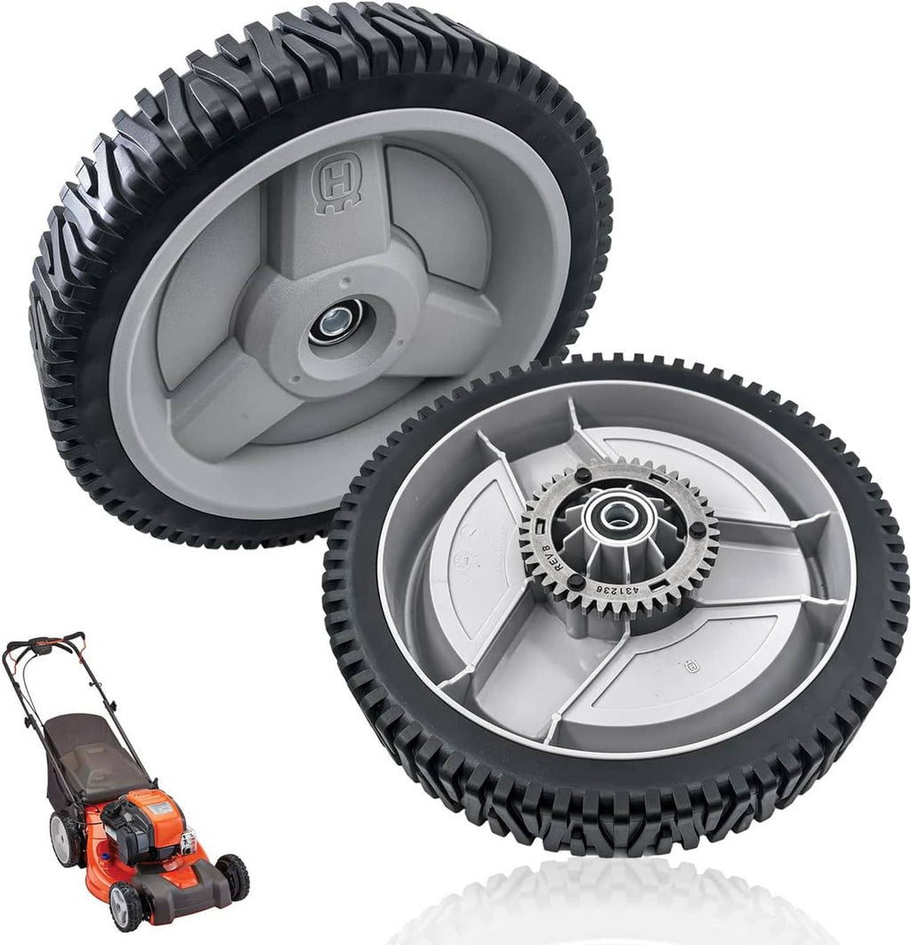 Replacement walk-behind mower wheels, gray rims with black treaded tires