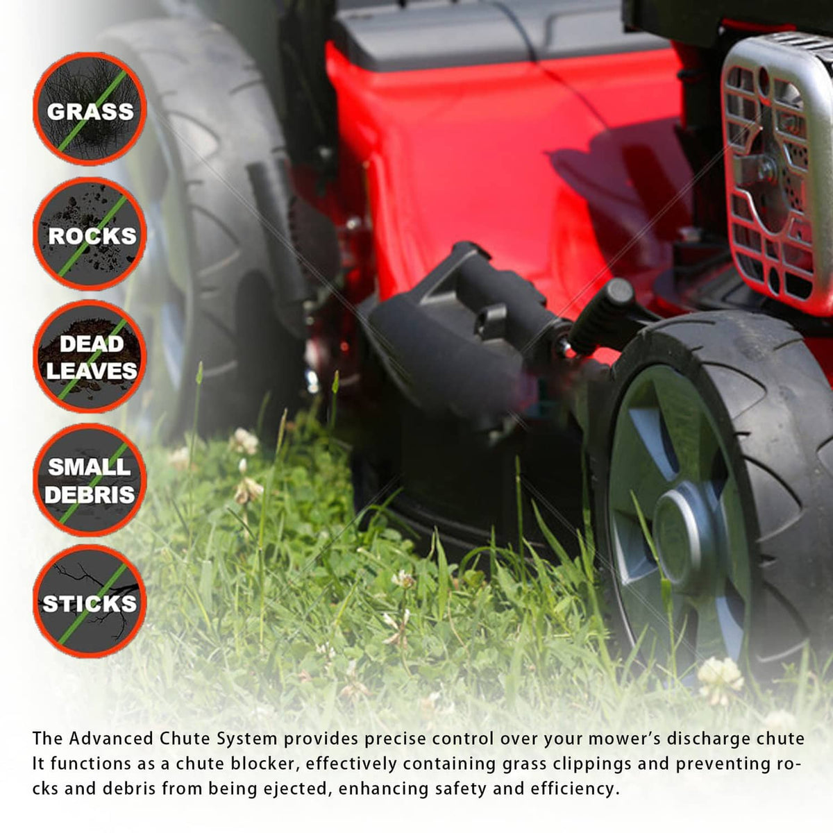Black steel chute blocker on lawn mower discharge area near grass and debris