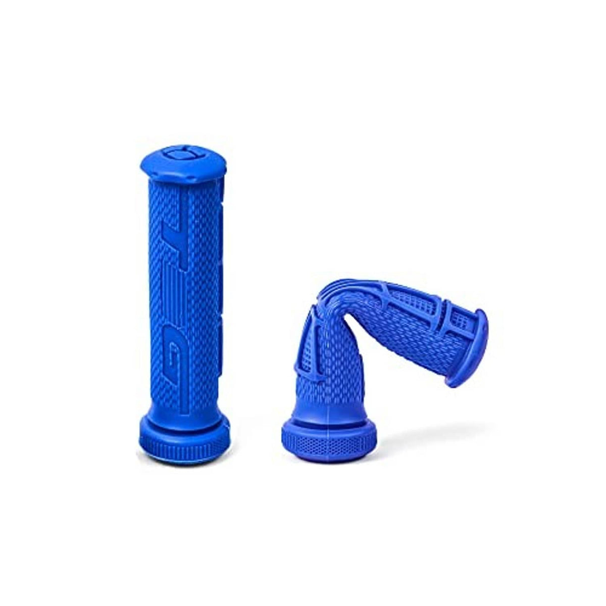Blue rubber thumb throttle grips with textured pattern and end caps
