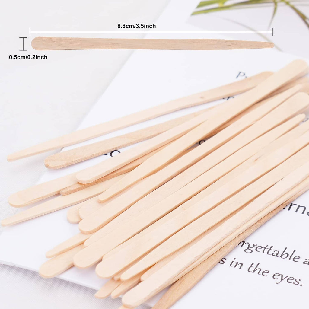 Eyebrow wax applicator sticks with size-marked slender wooden spatulas