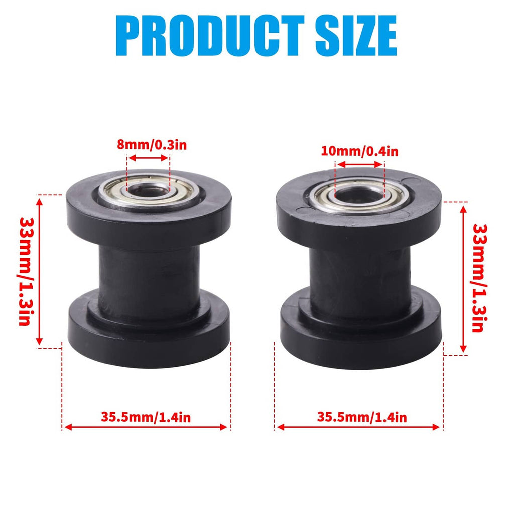 Black chain roller pulley tensioner wheels with central bearing, side view pair