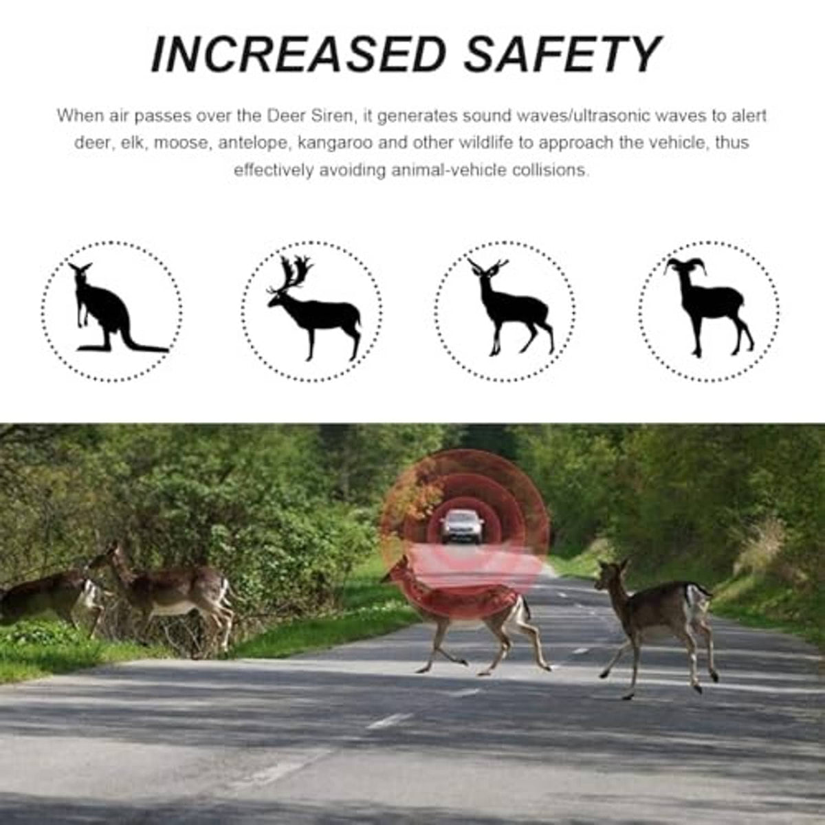 Deer warning whistle device set with four animal icons and a red alert indicator.