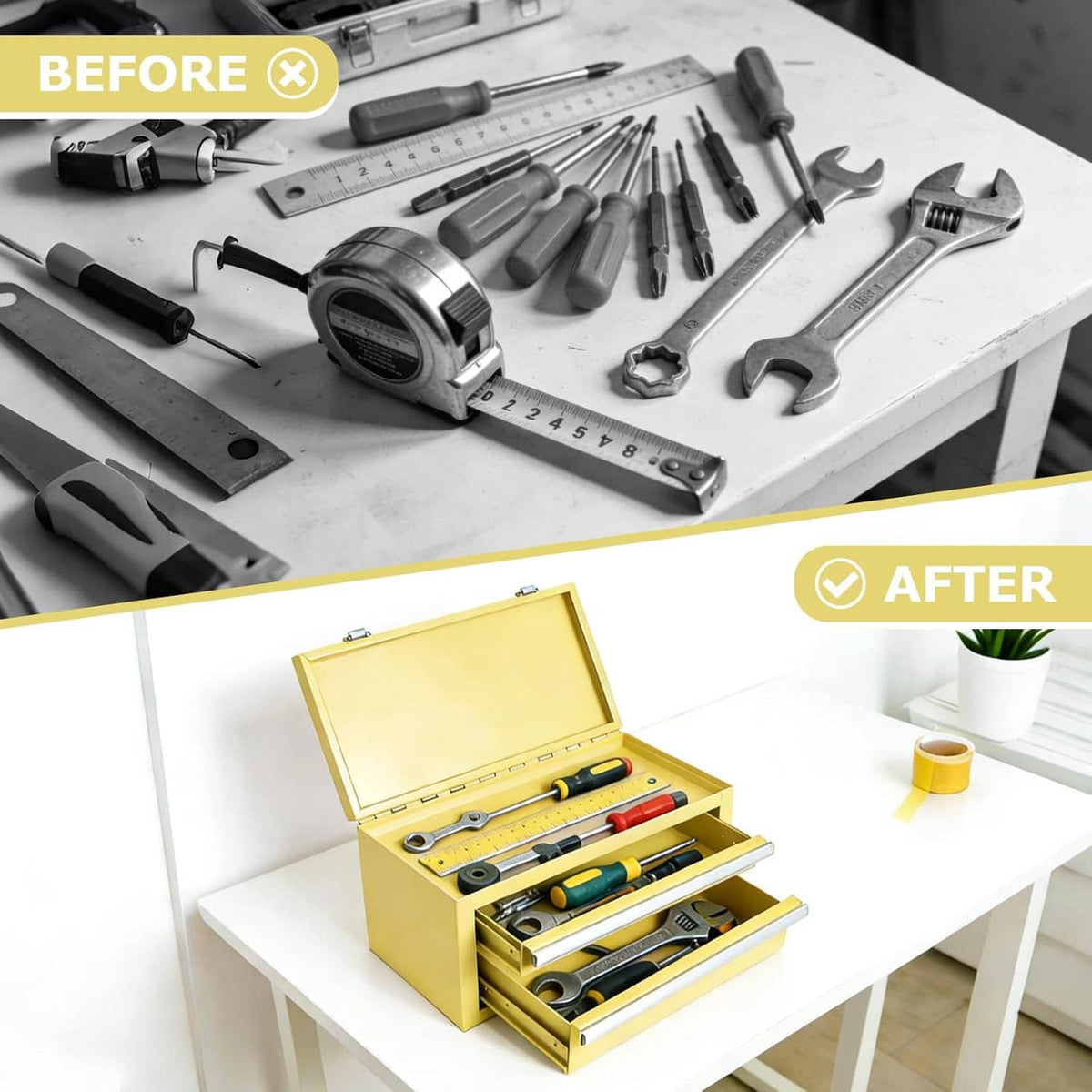 Yellow mini steel tool chest open on table with tools neatly arranged