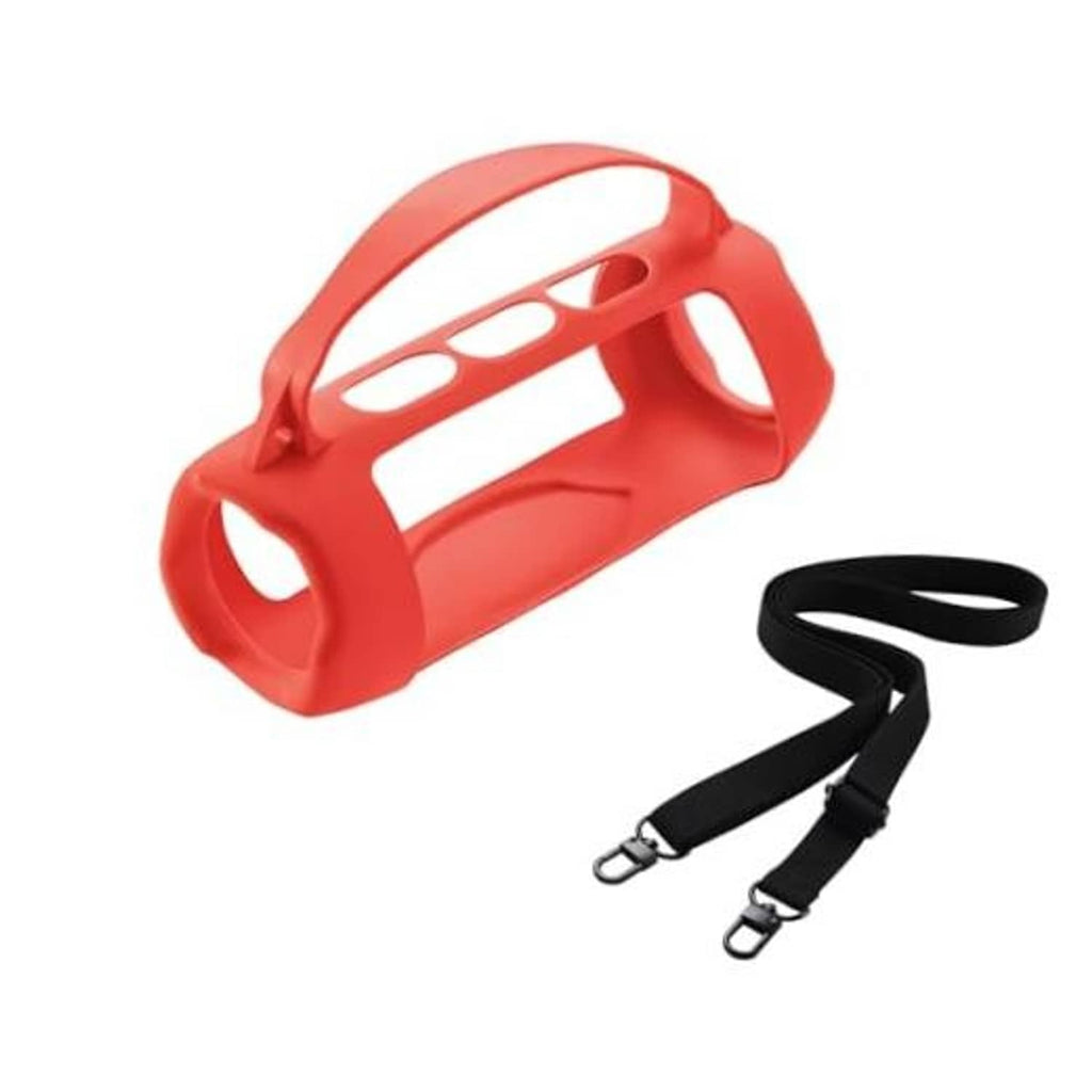 Red silicone speaker case with carry handle and black strap