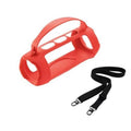 Red silicone speaker case with carry handle and black strap
