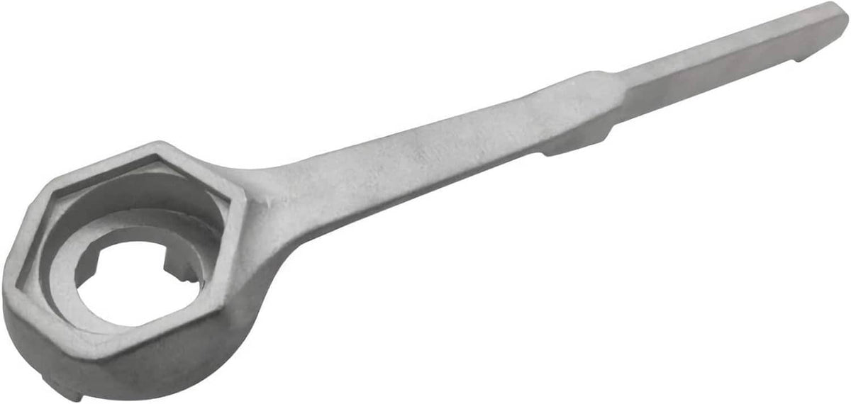 Aluminum drum bung wrench with hex-bolt style socket opening on circular head