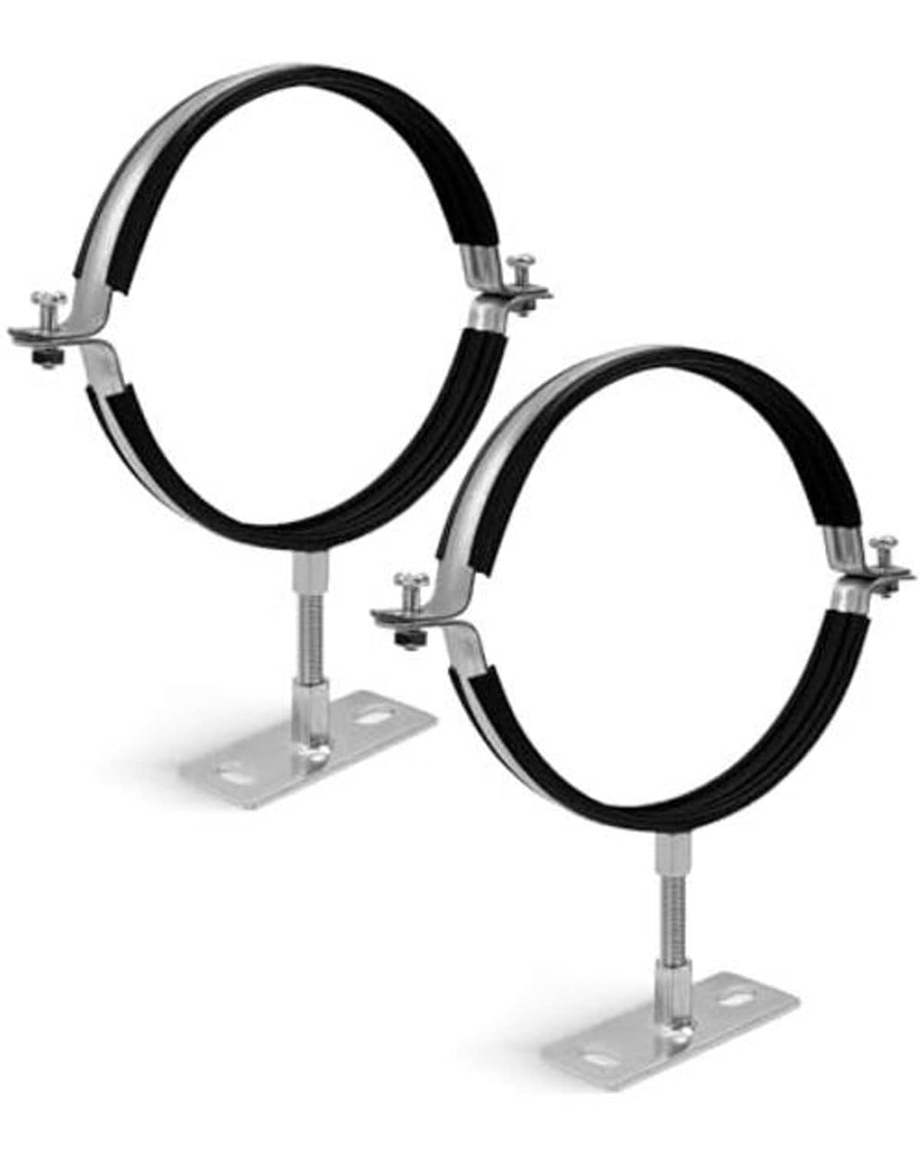 Two adjustable round pipe brackets with black non-slip rings and threaded mounting legs