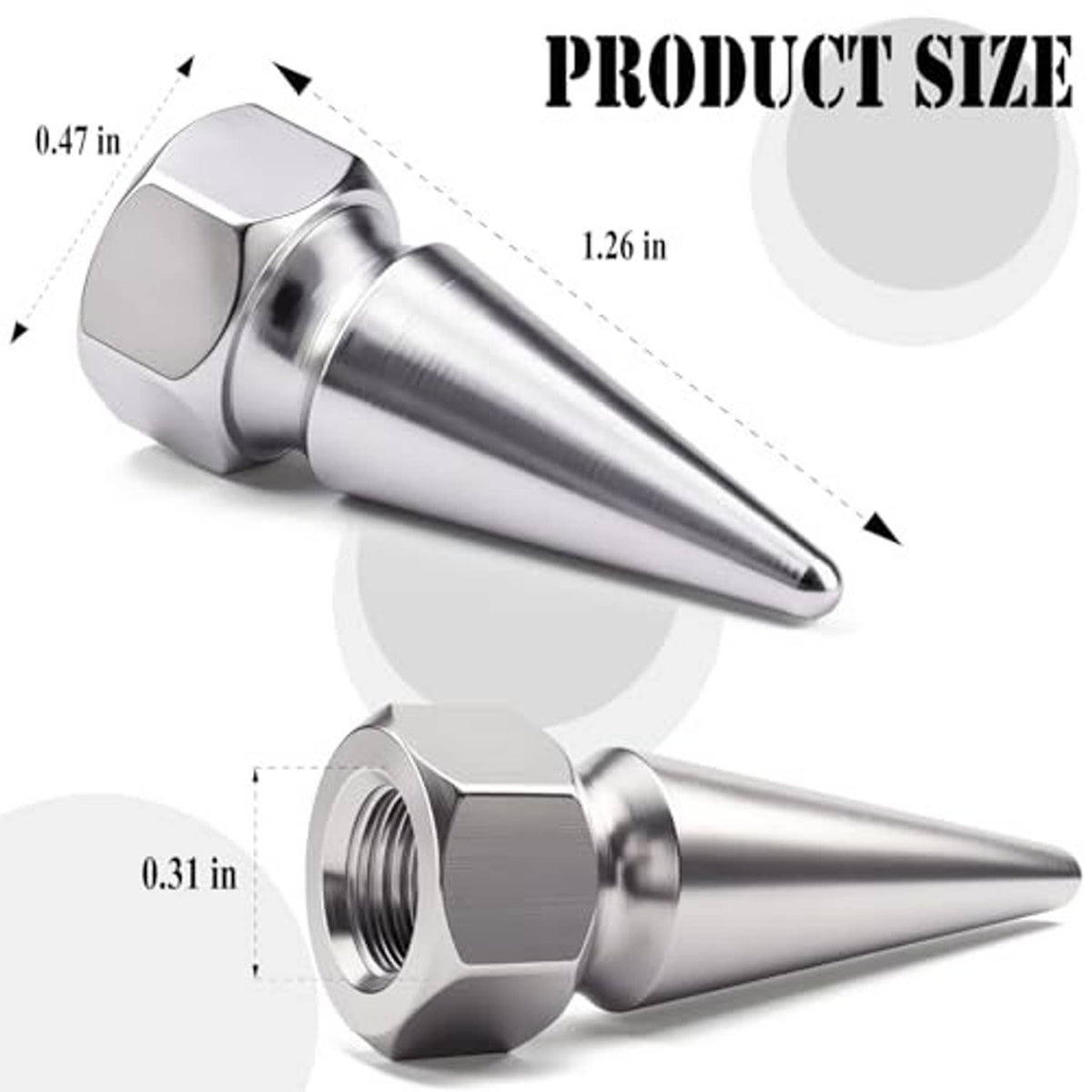 Silver metal spiked valve stem cap with threaded opening and hex nut base