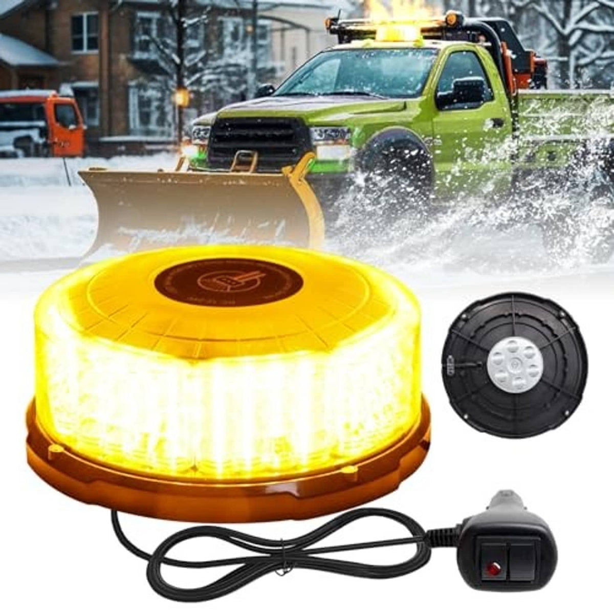 Amber LED magnetic beacon light kit with wired cigarette-lighter control switch and puck
