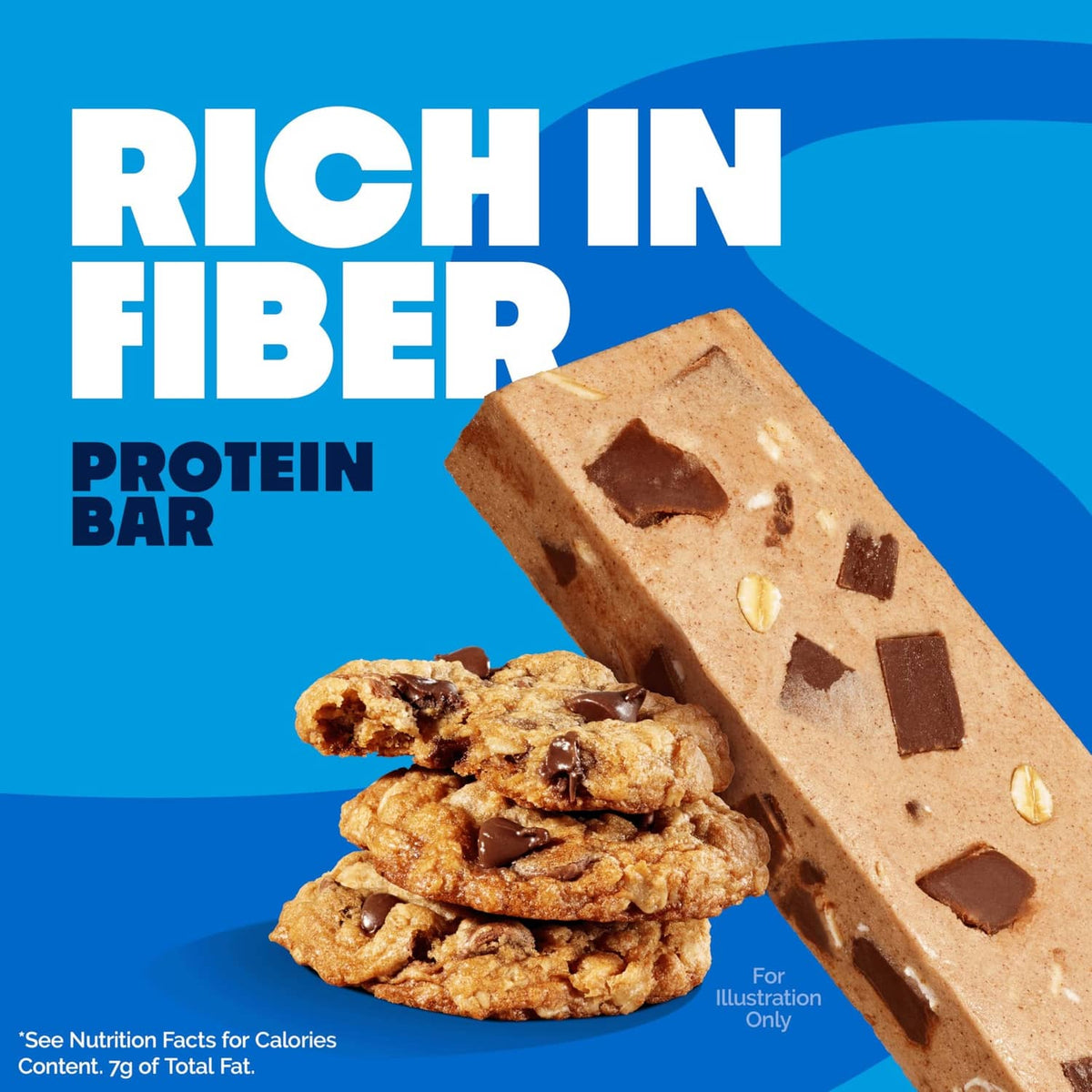 Oatmeal chocolate chip protein bar on wrapper with stacked oats and chocolate pieces