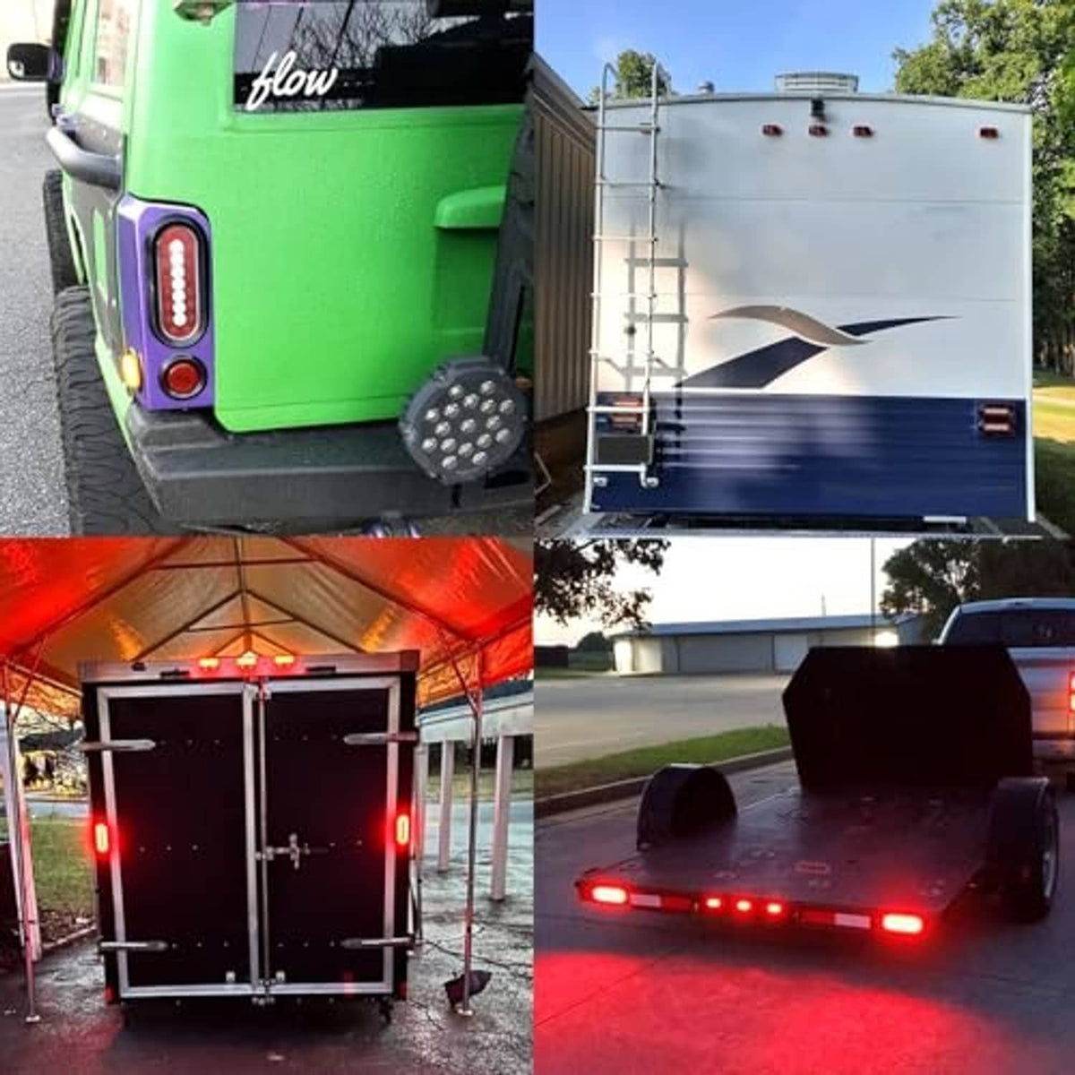 Oval LED trailer tail lights installed, showing bright red running/brake glow
