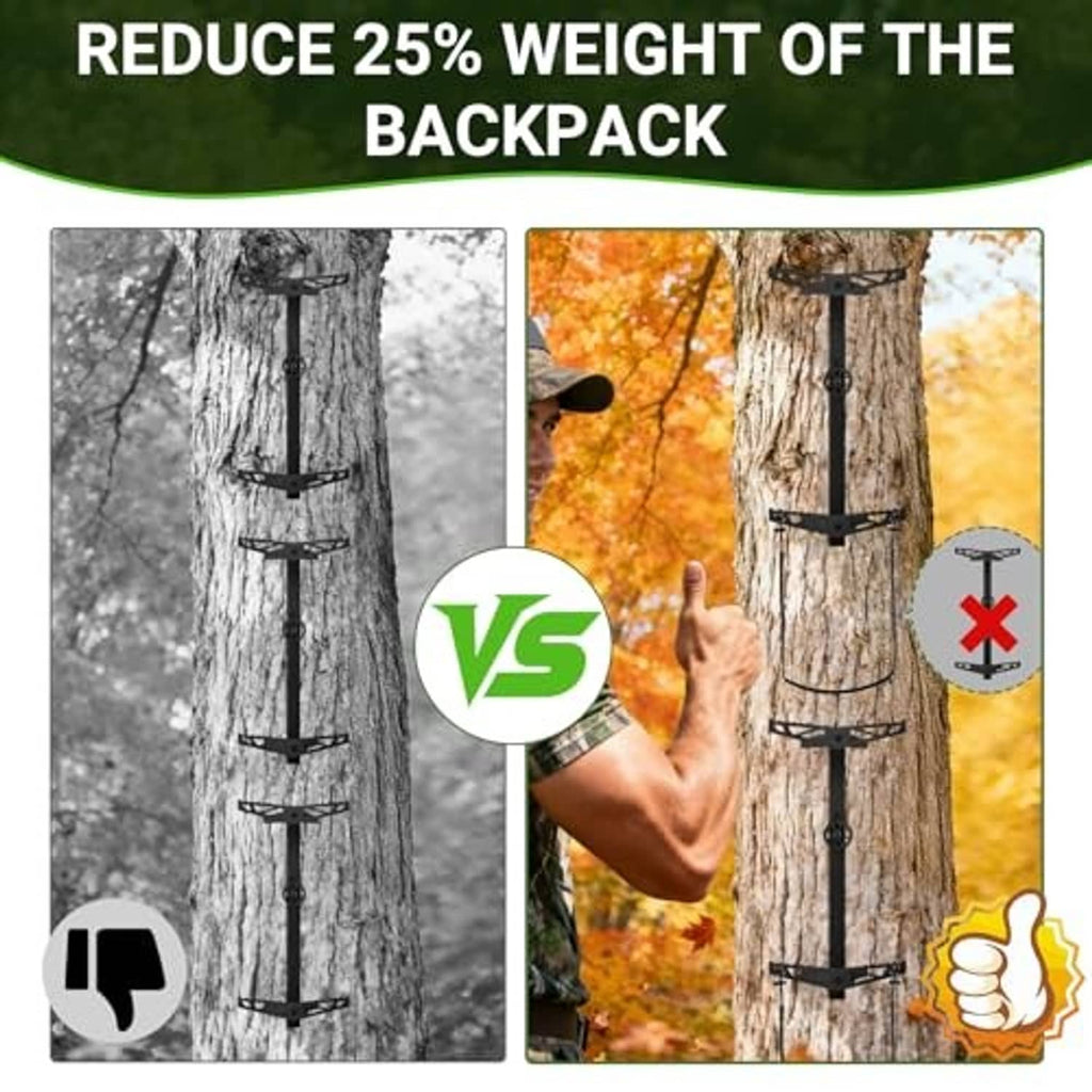 Climbing stick aider with black strap and U-shaped cable loop around a tree
