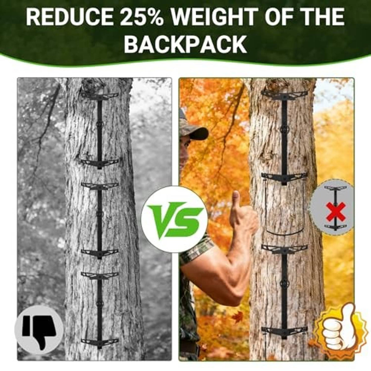 Climbing stick aider with black strap and U-shaped cable loop around a tree