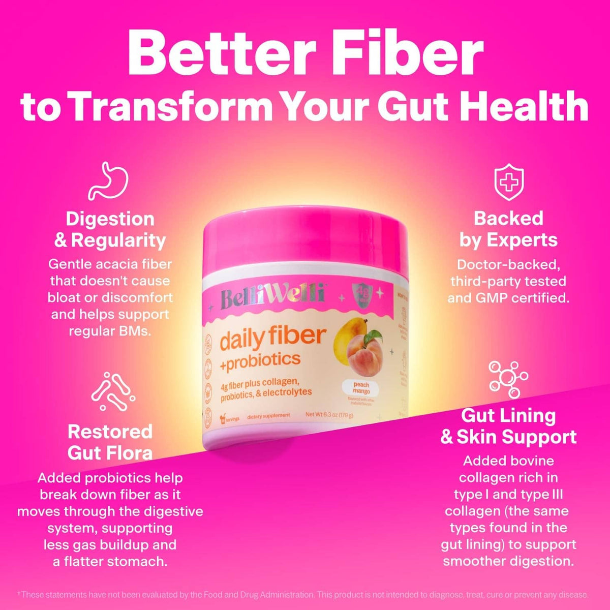 BelliWelli daily fiber + probiotics tub for gut health, peach mango flavor