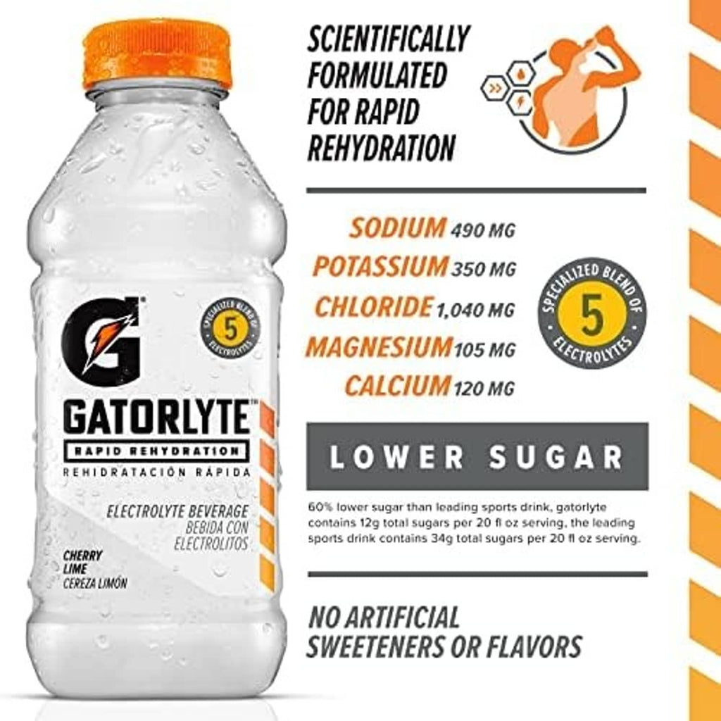 Gatorlyte Cherry Lime electrolyte bottle with lower sugar label, orange cap