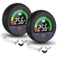 Round digital battery monitor with LCD voltage display and green/red bar graph, black casing