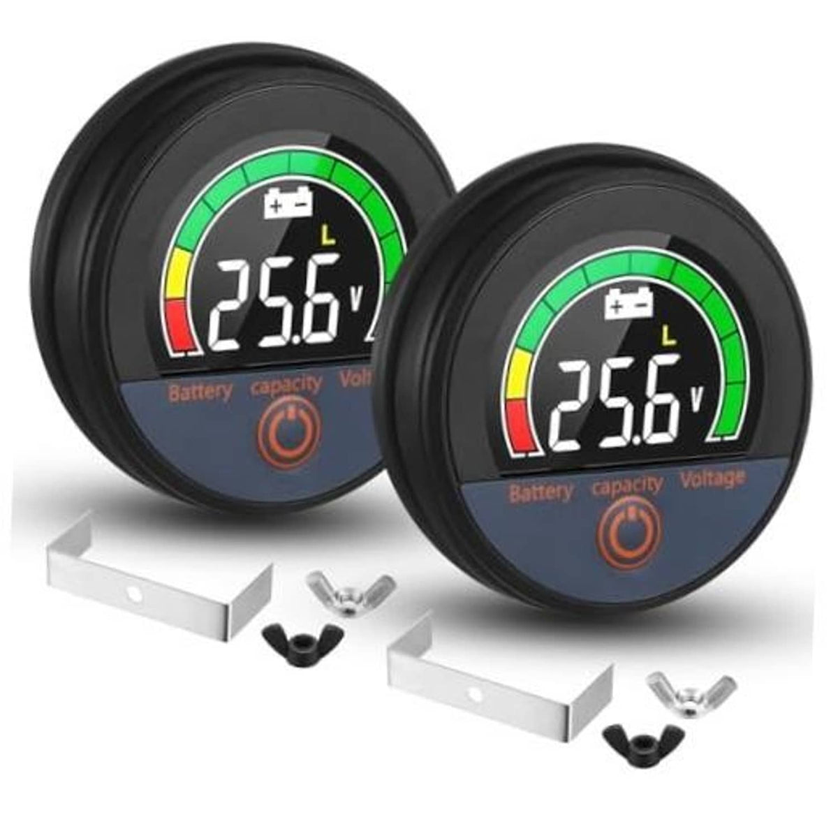 Round digital battery monitor with LCD voltage display and green/red bar graph, black casing