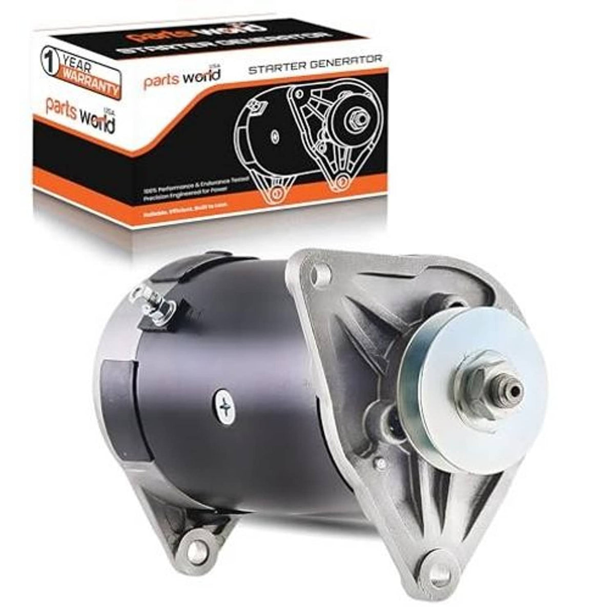 Starter generator in black housing with silver pulley shaft and front mounting bracket