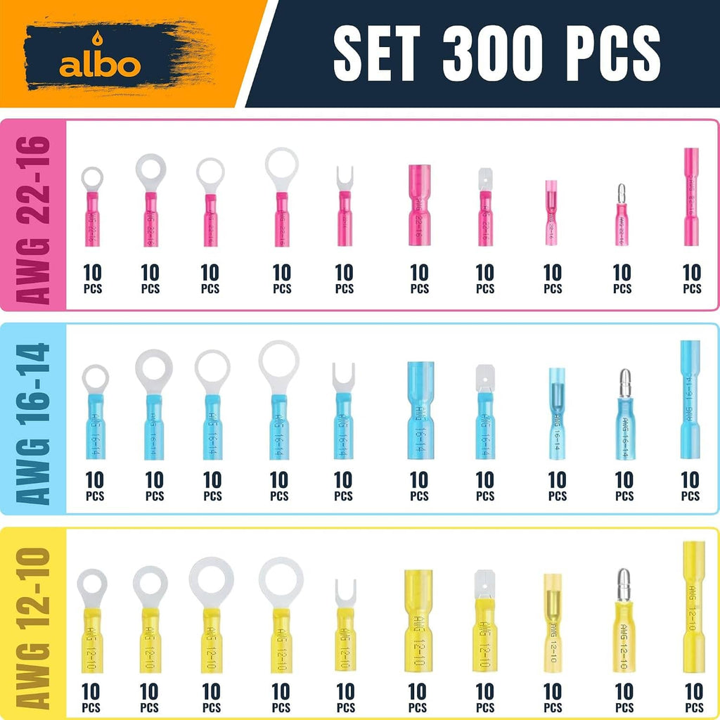 Infographic for 300-piece heat shrink connector set with ring and fork sleeve sizes