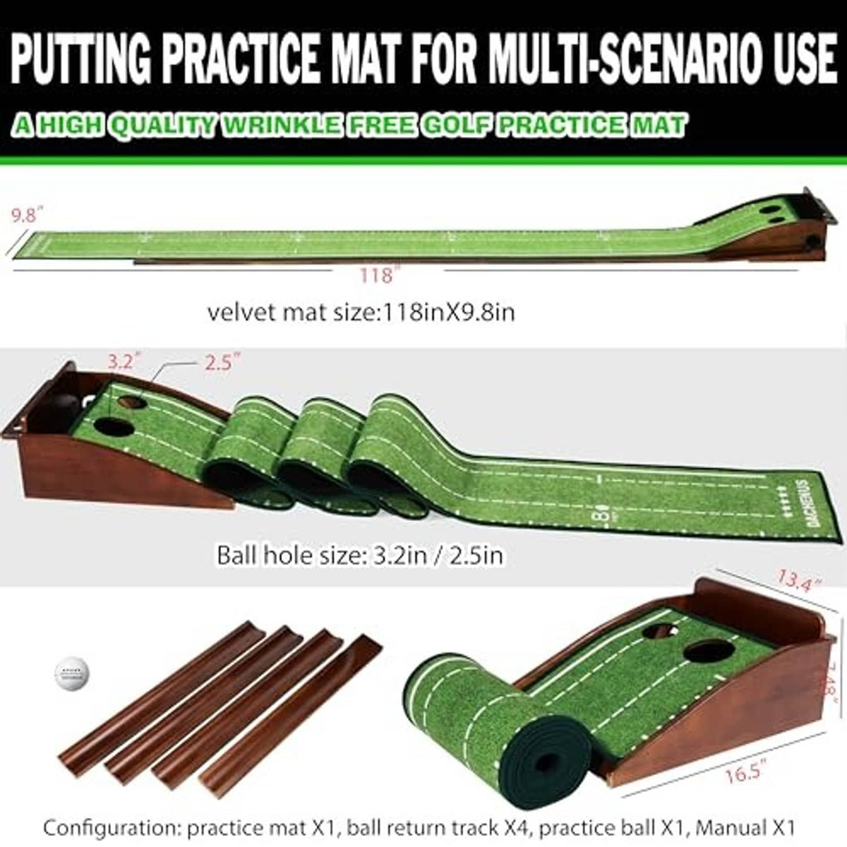 Putting practice mat showing green turf lanes, holes, and folded sections