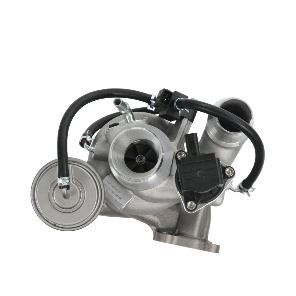Turbocharger assembly with round compressor inlet, black hoses, and electrical connector
