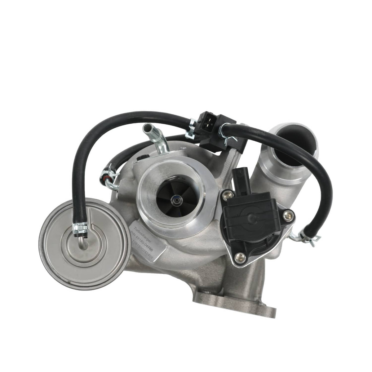 Turbocharger assembly with round compressor inlet, black hoses, and electrical connector