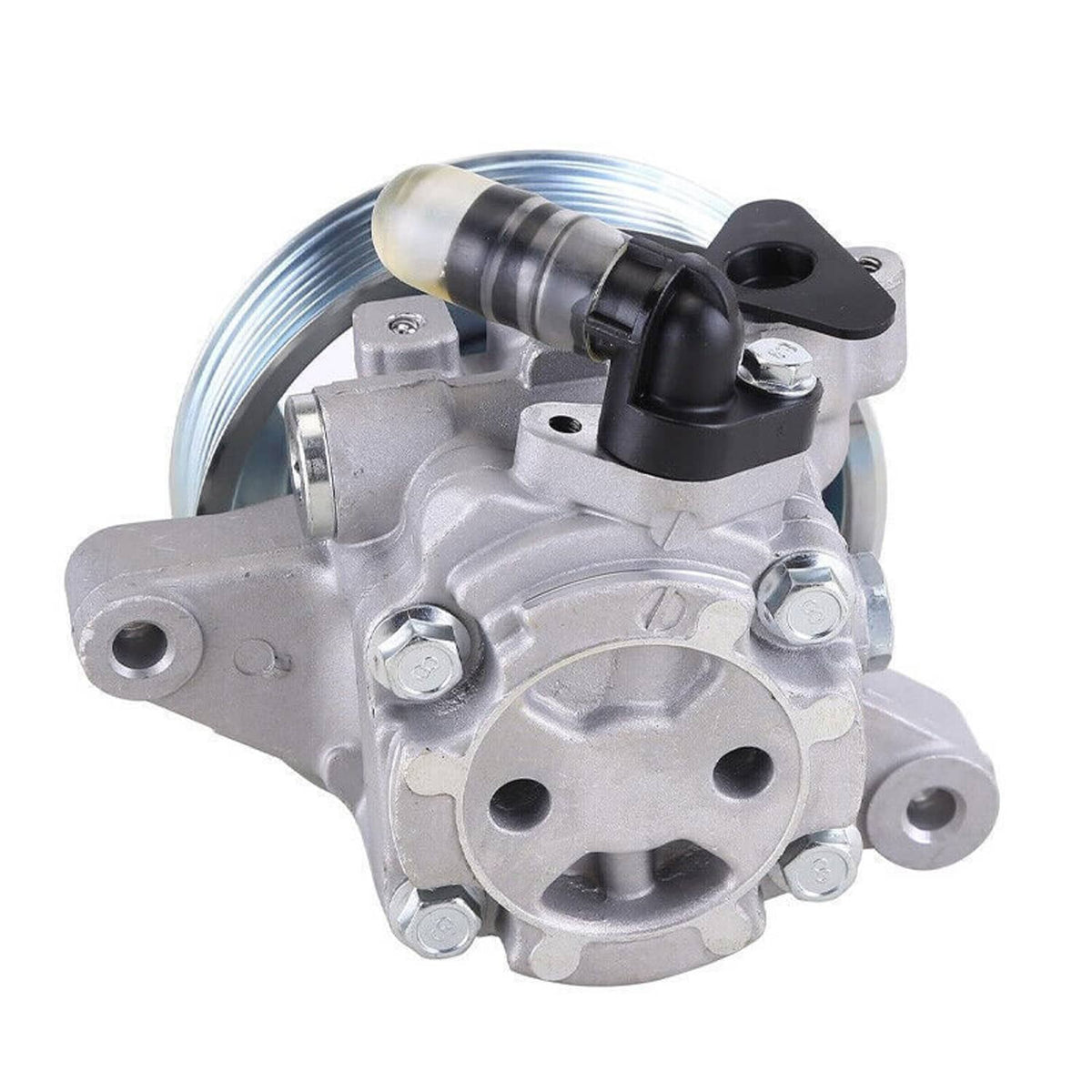 Power steering pump with pulley, silver cast housing and black pressure line fitting